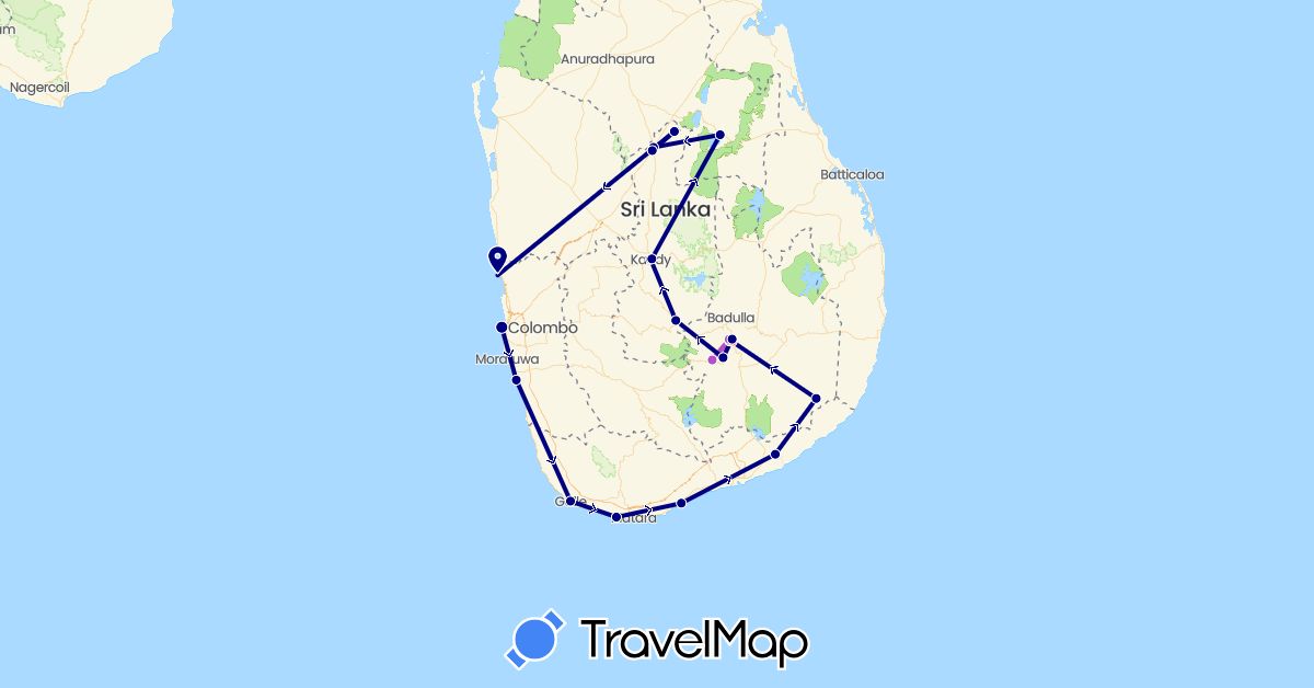 TravelMap itinerary: driving, train, hiking in Sri Lanka (Asia)